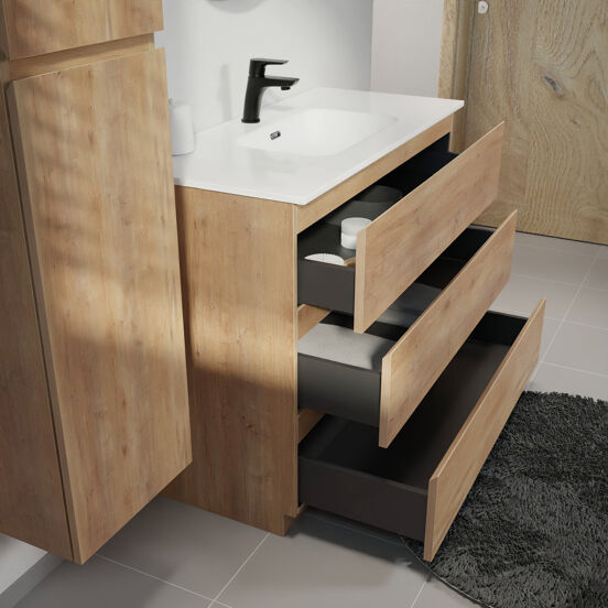 Linie Lado freistehendes Möbelstück Set: 100 x 46 cm, Naturbelassene Eiche, mit Baro Einzelwaschtisch, Porzellan Weiß glänzend