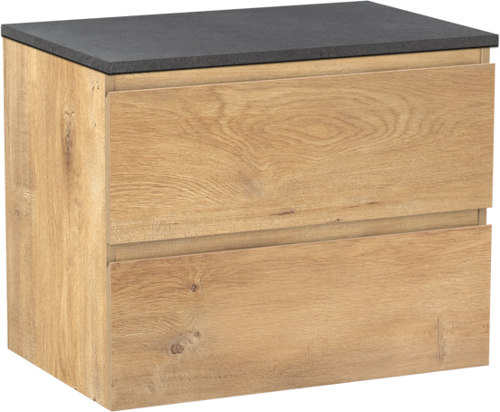 Linie Lado hängendes Möbelstück Set: 70 x 46 cm, Naturbelassene Eiche, mit Lado Einzel Waschtischplatte, Melamin Schiefergrau