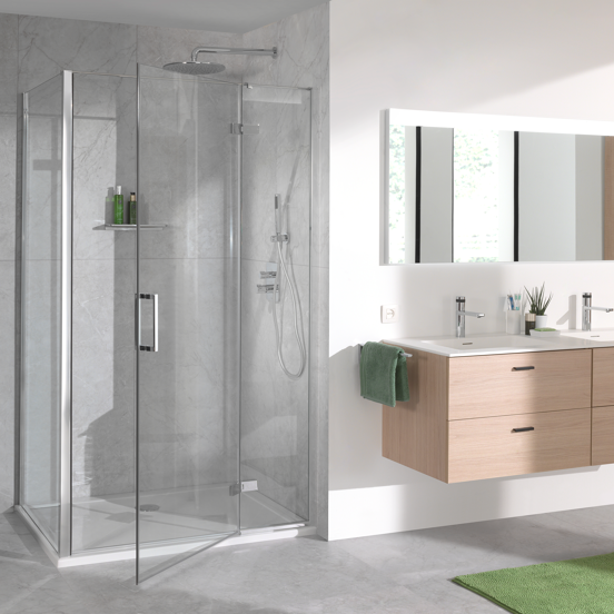 Luca Varess Nona douchehoek met draaideur en 2 vaste zijwanden 90 x 140 cm helder glas glanzend chroom profiel
