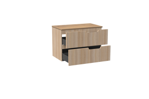 Linie Ribbo zwevend badkamermeubel 80 x 46 cm lichte eik met Lado enkel tablet in melamine natuur eik, Verticale symmetrische ronde ribbel