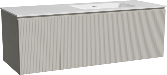 Storke Ribs zwevend badkamermeubel 140 x 52 cm zijdegrijs met Mata asymmetrisch rechtse wastafel in solid surface mat wit, Verticale symmetrische rechte ribbel