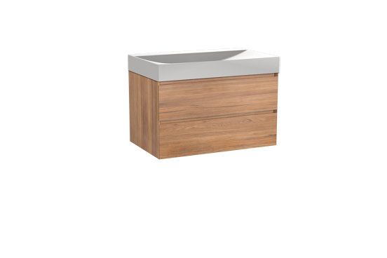 Balmani Mitra zwevend badkamermeubel 90 x 55 cm teak met Wave enkele wastafel in solid surface mat wit