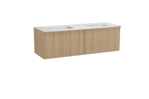 Balmani Forma hängendes Möbelstück Set: 150 x 55 cm, Naturbelassene Eiche, mit Tablo Arcato Doppelwaschtisch, Marmor, Carrara, Vertikale asymmetrische Runde Rippe