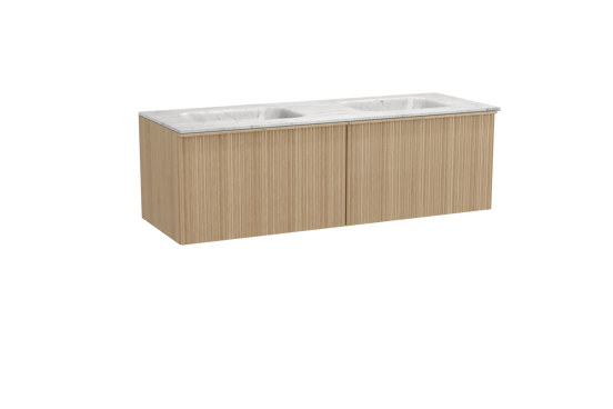 Balmani Forma zwevend badkamermeubel 150 x 55 cm natuur eik met Tablo Arcato dubbele wastafel in marmer carrara, Verticale asymmetrische ronde ribbel