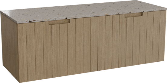 Balmani Adagio zwevend badkamermeubel 150 x 55 cm verweerde eik met Stretto enkel of dubbel tablet in terrazzo greige terrazzo