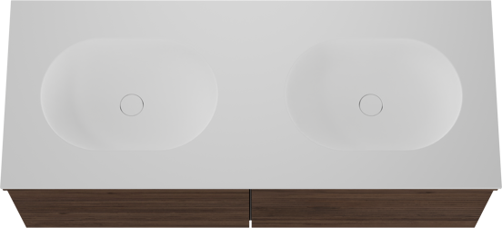 Balmani Forma hängendes Möbelstück Set: 135 x 55 cm, Amerikanischer Nussbaum, mit Tablo Oval Doppelwaschtisch, Solid Surface, Weiß matt, Horizontale symmetrische gerade Rippe