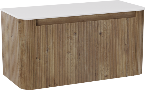 Storke Soft meuble salle de bains suspendu 100 x 46 cm chêne brut avec Tavola Soft tablette simple en Solid Surface blanc mat, Nervure droite symétrique verticale