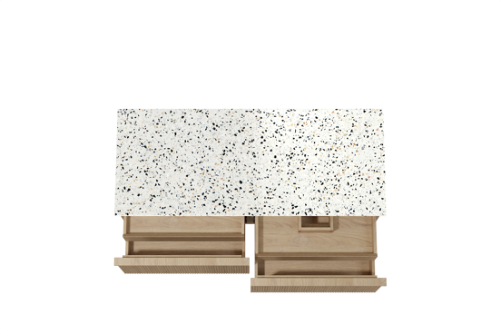 Balmani Forma hängendes Möbelstück Set: 135 x 55 cm, Naturbelassene Eiche, mit Stretto Einzel- oder Doppel Waschtischplatte, Terrazzo in Weiß/Schwarz matt, Vertikale symmetrische gerade Rippe