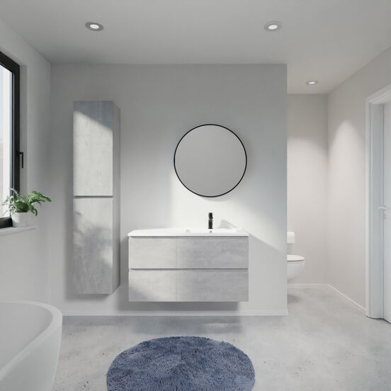 Linie Lado meuble salle de bains suspendu 100 x 46 cm béton gris foncé avec Vano vasque asymétrique droite en marbre composite blanc mat