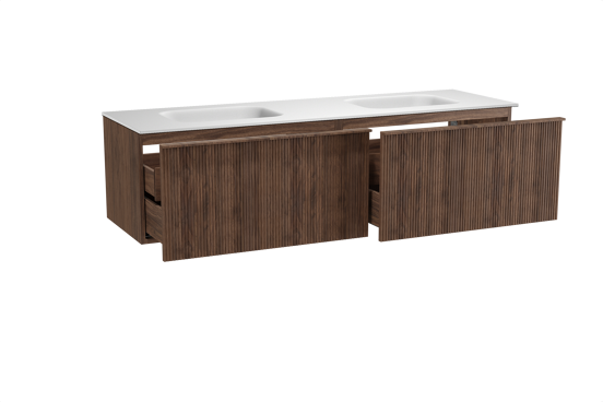 Balmani Forma hängendes Möbelstück Set: 180 x 55 cm, Amerikanischer Nussbaum, mit Tablo Arcato Doppelwaschtisch, Solid Surface, Weiß matt, Vertikale symmetrische gerade Rippe