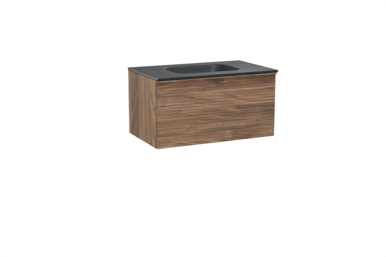 Balmani Forma zwevend badkamermeubel 90 x 55 cm amerikaanse notelaar met Tablo Arcato enkele wastafel in graniet zwart, Horizontale symmetrische rechte ribbel