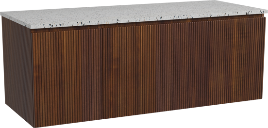 Storke Ribs zwevend badkamermeubel 130 x 52 cm notelaar met Tavola enkel of dubbel tablet in mat wit/zwart terrazzo, Verticale symmetrische rechte ribbel