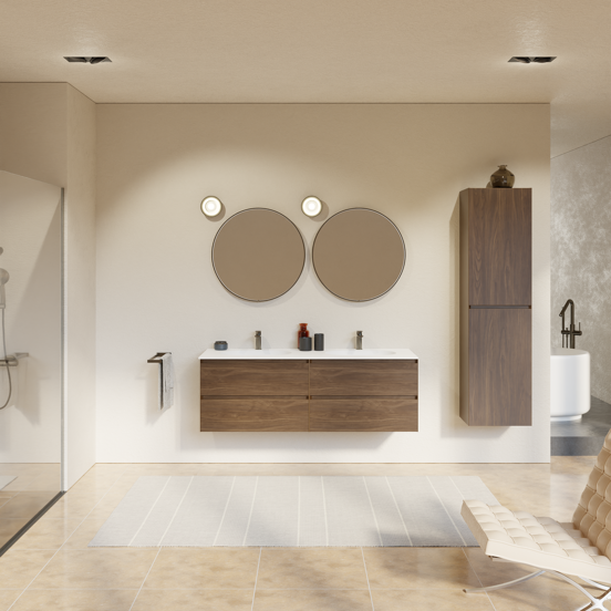 Balmani Mitra meuble salle de bains suspendu 150 x 55 cm noyer américain avec Tablo Oval double vasque en solid surface blanc mat