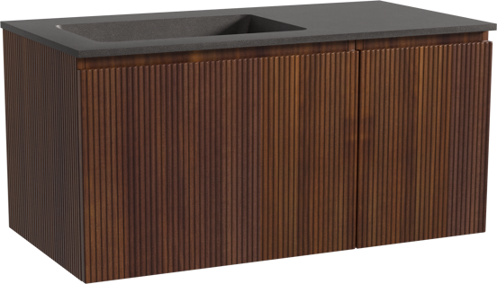 Storke Ribs zwevend badmeubel 100 x 52 cm notenhout met Scuro asymmetrisch linkse wastafel in kwarts mat zwart, Verticale symmetrische rechte ribbel