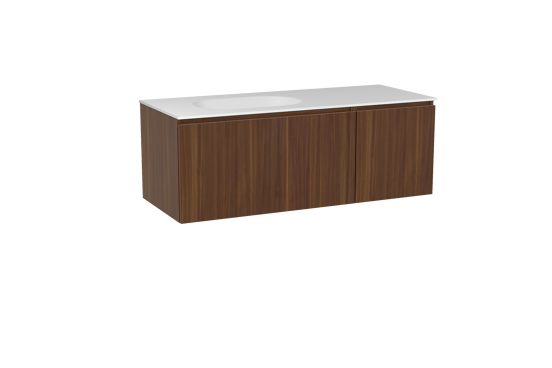 Balmani Sfera hängendes Möbelstück Set: 135 x 55 cm, Amerikanischer Nussbaum, mit Tablo Oval Waschtisch links, Solid Surface Weiß matt