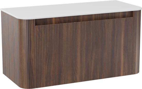 Storke Soft meuble salle de bains suspendu 100 x 46 cm noyer avec Tavola Soft tablette simple en Solid Surface blanc mat, Nervure droite symétrique verticale