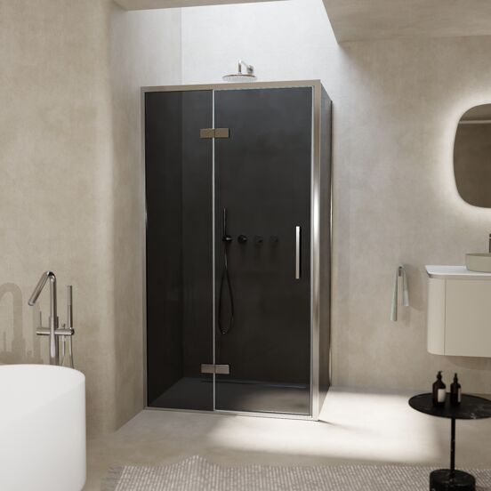 Balmani Senses Design douchehoek met linkse draaideur en vaste zijwand, 100 x 100 cm, Rookglas, Chroom profielen, met coating