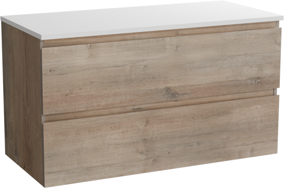 Linie Lado hängendes Möbelstück Set: 100 x 46 cm, Graue Eiche, mit Lado Einzel- oder Doppel Waschtischplatte, Marmorkomposit Weiß glänzend