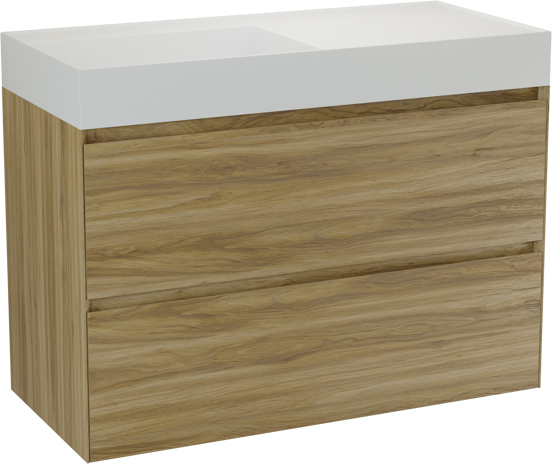 Balmani Mitra Compact zwevend badkamermeubel 100 x 46 cm ruwe eik met Argila asymmetrisch linkse wastafel in composietmarmer mat wit