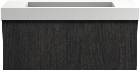 Balmani Forma zwevend badkamermeubel 120 x 55 cm zwarte eik met Modus enkele wastafel voor 2 kraangaten in solid surface mat wit, Verticale symmetrische rechte ribbel