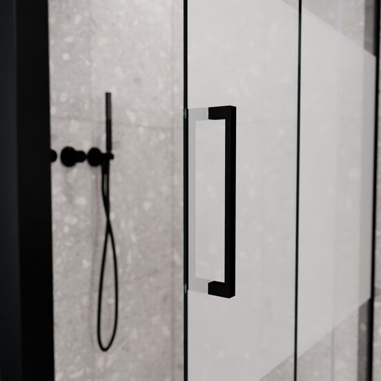 Balmani Senses Design douchecabine met rechtse schuifdeur en vaste zijwand, 120 x 80 cm, Helder glas met matte strook, Mat zwart profielen