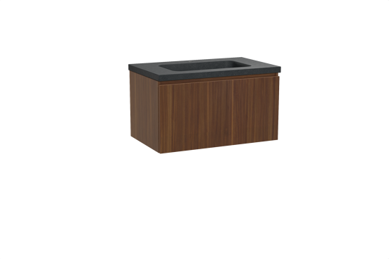 Balmani Sfera hängendes Möbelstück Set: 90 x 55 cm, Amerikanischer Nussbaum, mit Napoli Einzelwaschtisch, Schwarzes Granit