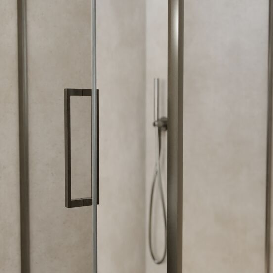 Balmani Senses Design douchehoek met linkse draaideur en vaste zijwand, 90 x 90 cm, Helder glas, Brushed GunMetal profielen, met coating