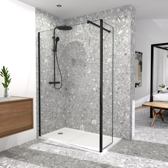 Balmani Move douche à l'italienne avec panneau latéral pivotant 140 x 200 cm verre transparent profil noir mat