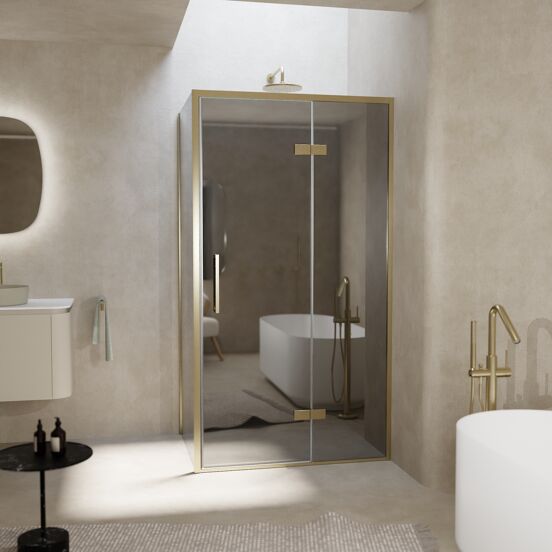 Balmani Senses Design douche en coin avec porte pivotante à droite et paroi latérale fixe, 100 x 100 cm, Miroir Reflex, Profil Brushed Champagne Gold, coating inclus, coating inclus