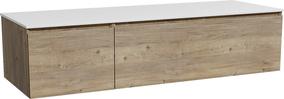 Storke Edge zwevend badmeubel 150 x 52 cm ruw eiken met Tavola enkel of dubbel wastafelblad in solid surface mat wit