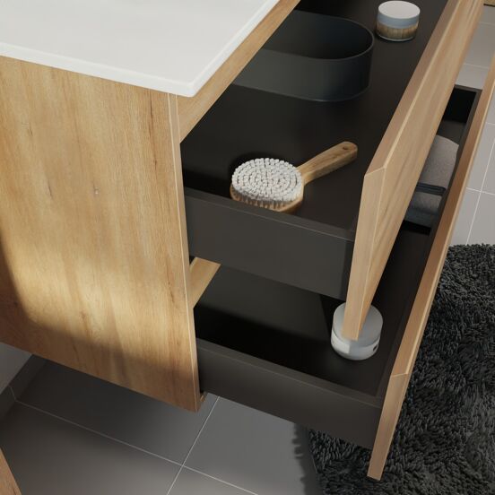 Linie Lado meuble salle de bains suspendu 80 x 46 cm chêne naturel avec Baro plan simple en porcelaine blanc brillant