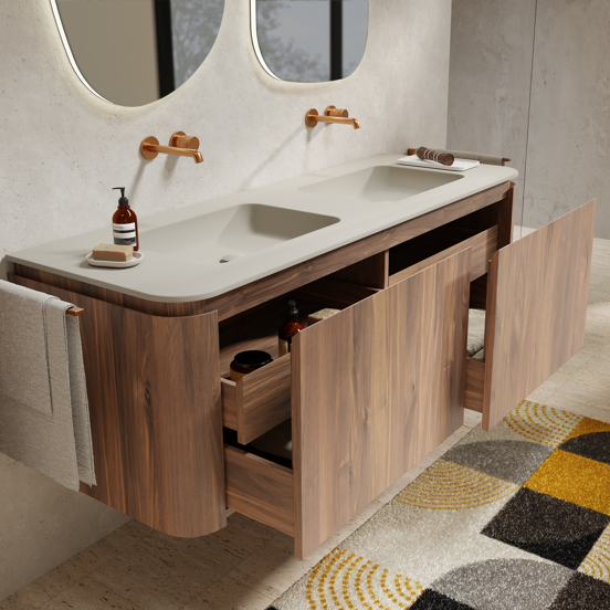 Balmani Moon meuble salle de bains suspendu 160 x 55 cm noyer américain avec Moon double vasque en top solid soie grise