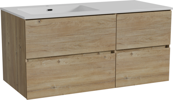 Storke Edge meuble salle de bains suspendu 110 x 52 cm chêne brut avec Diva plan vasque asymétrique à gauche en marbre composite blanc brillant