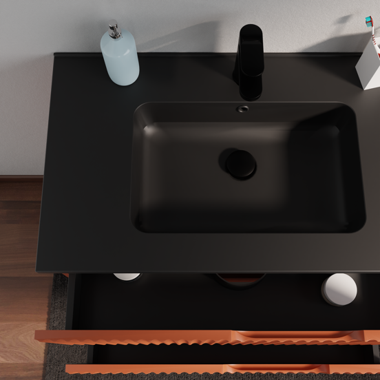 Linie Ribbo zwevend badkamermeubel 60 x 46 cm cotto met Vano enkele wastafel in composietmarmer mat zwart, Verticale symmetrische ronde ribbel