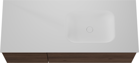 Balmani Forma zwevend badkamermeubel 135 x 55 cm amerikaanse notelaar met Tablo Arcato asymmetrisch rechtse wastafel in solid surface mat wit, Horizontale symmetrische rechte ribbel