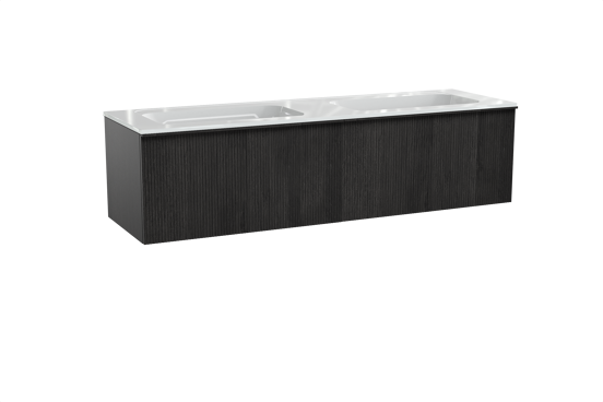 Balmani Forma zwevend badkamermeubel 180 x 55 cm zwarte eik met Tablo Strada dubbele wastafel in composietmarmer glanzend wit, Verticale symmetrische rechte ribbel