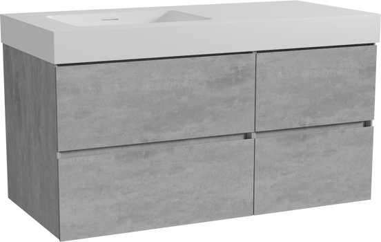 Storke Edge zwevend badmeubel 110 x 52 cm beton donkergrijs met Mata High asymmetrisch linkse wastafel in solid surface mat wit
