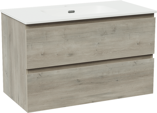 Linie Lado hängendes Möbelstück Set: 90 x 46 cm, Graue Eiche, mit Baro Einzelwaschtisch, Porzellan Weiß matt