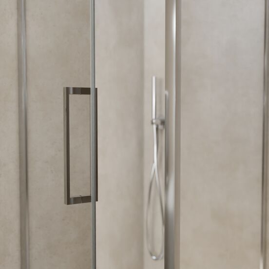 Balmani Senses Design douchehoek met linkse draaideur en vaste zijwand, 90 x 90 cm, Helder glas, Chroom profielen, met coating