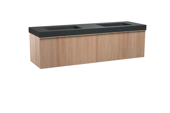 Balmani Forma hängendes Möbelstück Set: 180 x 55 cm, Naturbelassene Eiche, mit Napoli Doppelwaschtisch, Granit, Schwarzes Granit, Vertikale symmetrische gerade Rippe