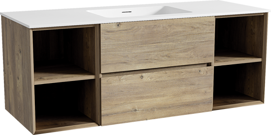 Storke Edge zwevend badmeubel 135 x 52 cm ruw eiken met Mata enkele wastafel in solid surface mat wit