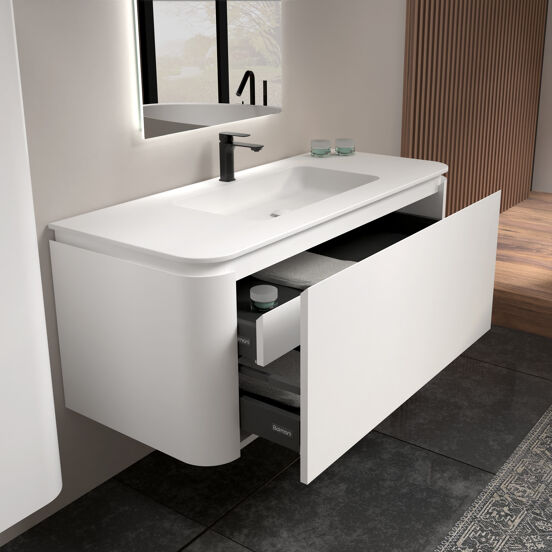 Balmani Moon hängendes Möbelstück Set: 130 x 55 cm, Weiß matt, mit Moon Einzelwaschtisch, Solid Surface Weiß matt