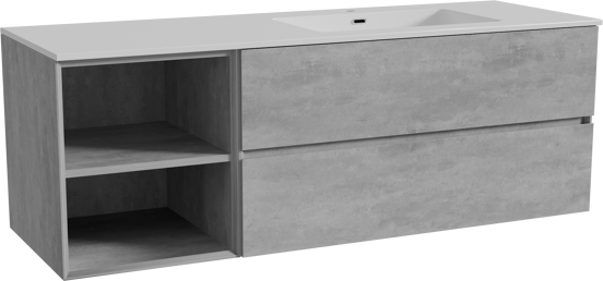 Storke Edge meuble salle de bains suspendu 150 x 52 cm béton gris foncé avec Diva plan vasque asymétrique à droite en marbre composite blanc brillant