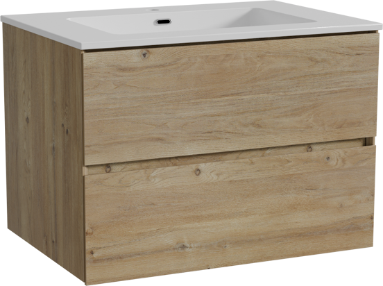 Storke Edge zwevend badmeubel 75 x 52 cm ruw eiken met Diva enkele wastafel in composietmarmer hoogglans wit