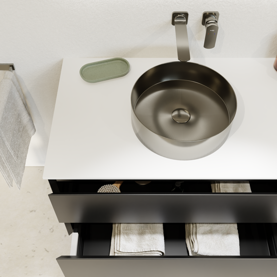 Balmani Mitra zwevend badkamermeubel 120 x 55 cm mat zwart met Stretto enkel of dubbel tablet in solid surface mat wit