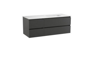 Balmani Lucida zwevend badkamermeubel 135 x 55 cm zwarte eik met Tablo Arcato asymmetrisch rechtse wastafel in solid surface mat wit