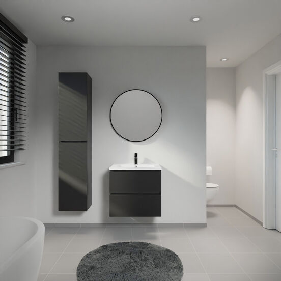 Linie Lado meuble salle de bains suspendu 60 x 46 cm noir mat avec Vano plan simple en marbre composite blanc brillant