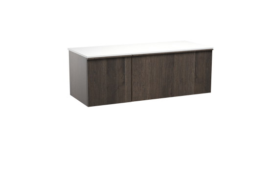 Balmani Forma meuble salle de bains suspendu 135 x 55 cm chêne fumé avec Stretto tablette simple ou double en solid surface blanc mat, Nervure droite symétrique verticale