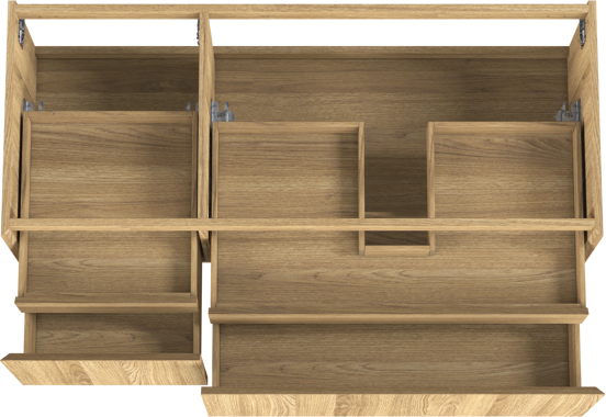 Balmani Idra hängender Waschbeckenunterschrank: 135 x 55 cm, asymmetrisch rechts, Eiche Natur, Furnierholz, 4 Schubladen