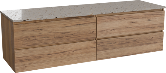 Balmani Lucida zwevend badkamermeubel 180 x 55 cm teak met Stretto enkel of dubbel tablet in terrazzo greige terrazzo